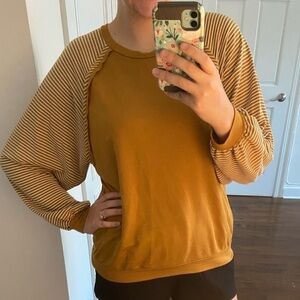 12PM By Mon Ami Long Balloon Striped Sleeve Lightweight Mustard Yellow Sweater